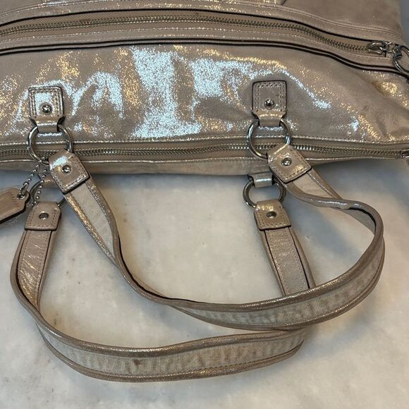 Coach Poppy Daisy Signature Logo Metallic Leather XL Tote Shoulder Bag - Picture 10 of 15